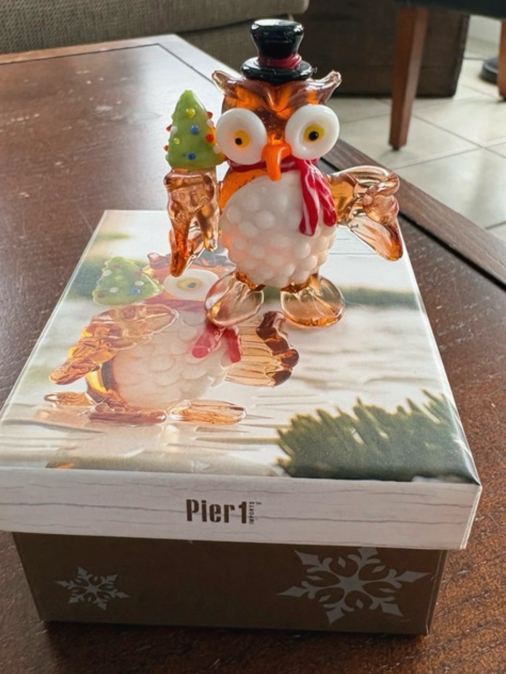 Pier 1 Imports hand-blown glass Christmas owl figurine with box